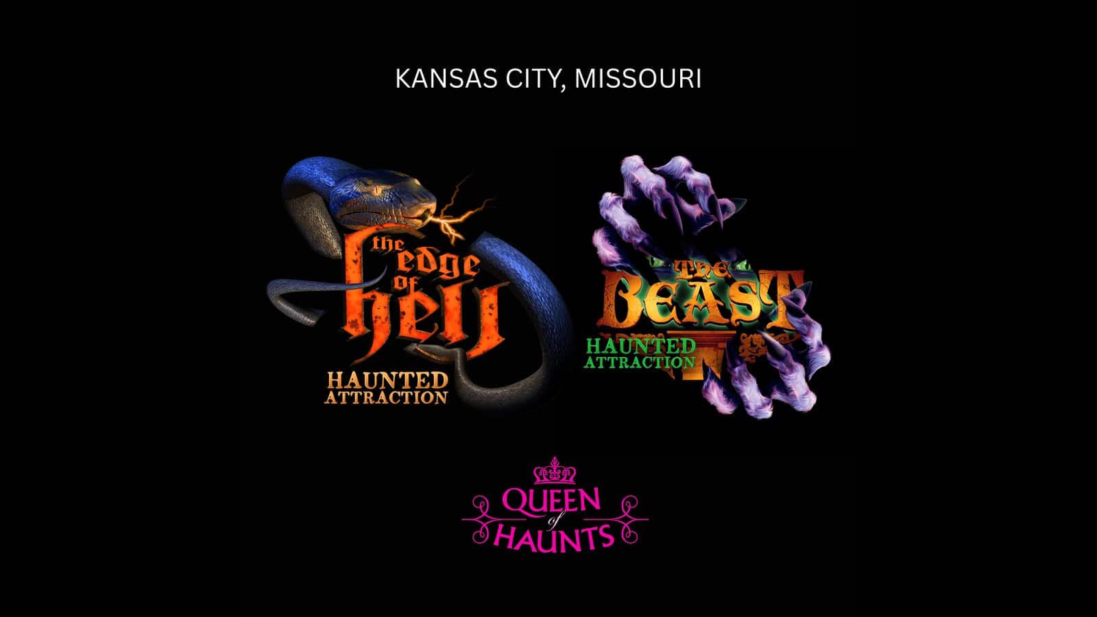 Edge of Hell and The Beast haunted attraction logos with the Queen of Haunts crown, Kansas City, Missouri