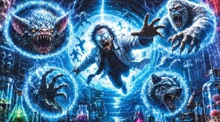 Primordium key art showing Dr. Colber and mutated creatures amid a lab and electric-blue time portals