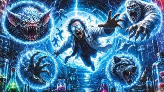 Primordium key art showing Dr. Colber and mutated creatures amid a lab and electric-blue time portals