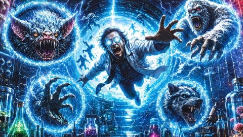 Primordium key art showing Dr. Colber and mutated creatures amid a lab and electric-blue time portals