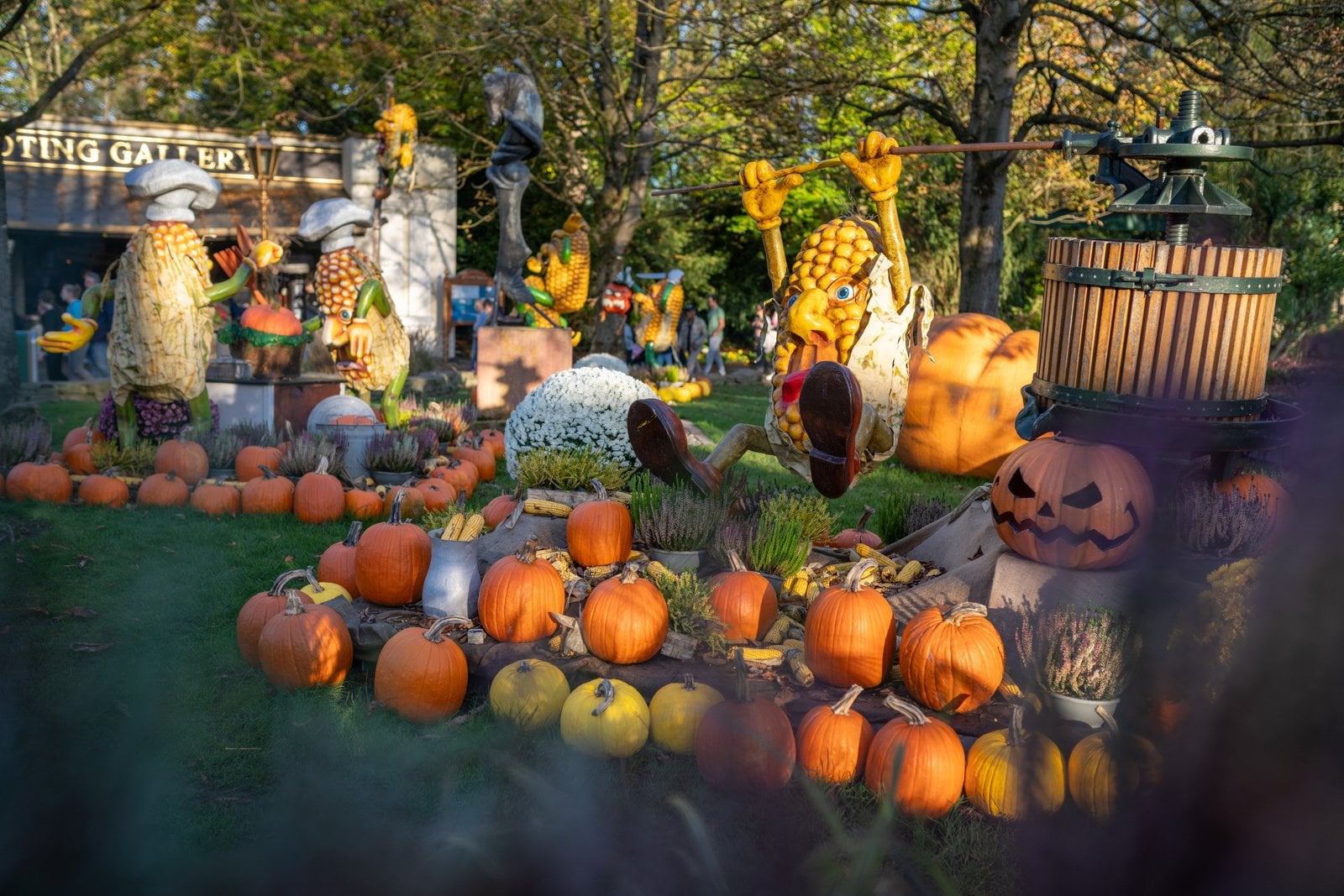Pumpkins and corn figures in a Halloween display at Europa-Park
