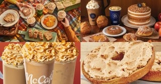 A collage of 2026 fall menus from Panera, Paris Baguette, McDonald's, and Einstein Bros.