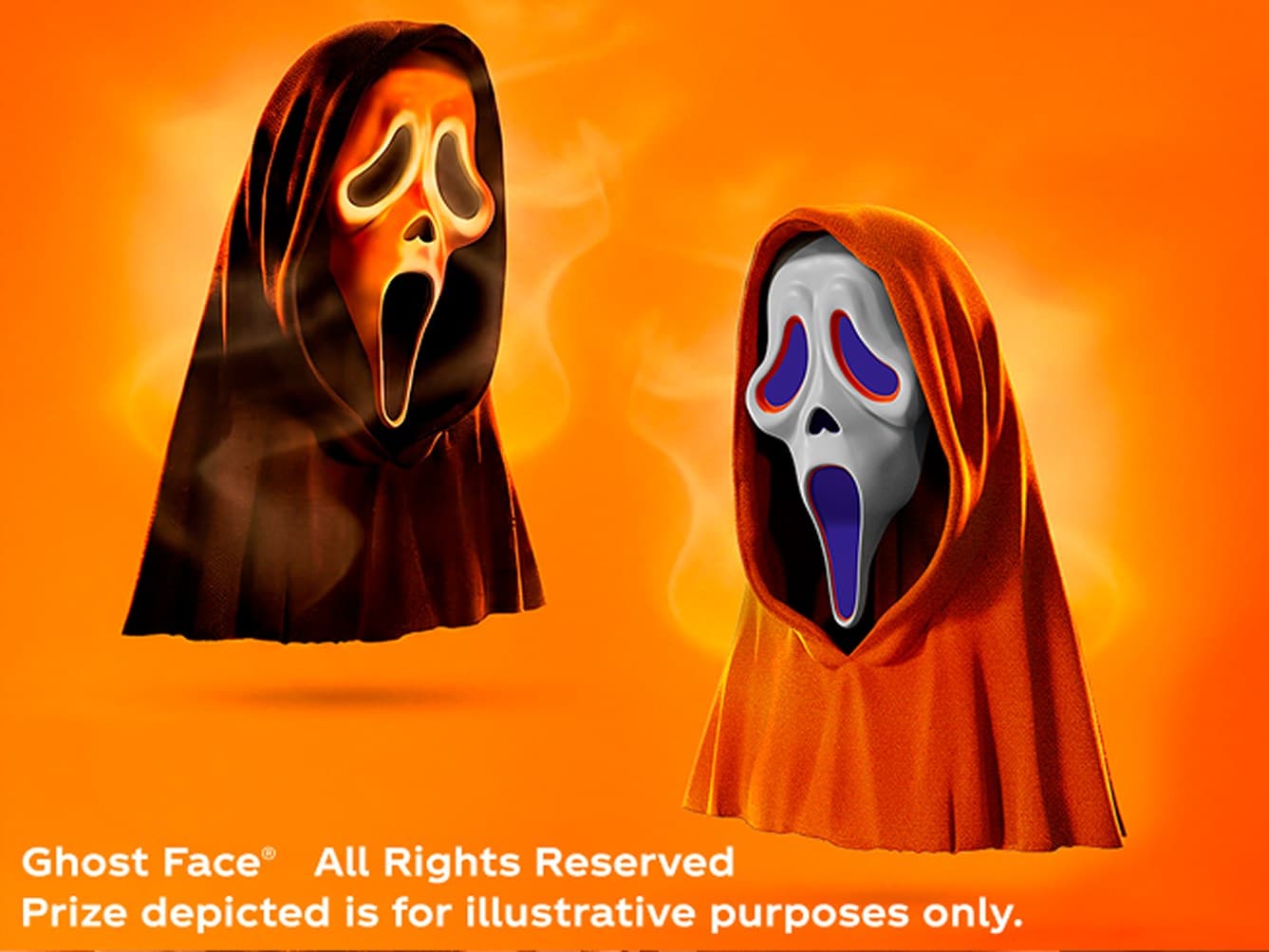 Two Ghost Face masks with orange hoods on an orange background, the Fanta Spook the Wheel mask prize art