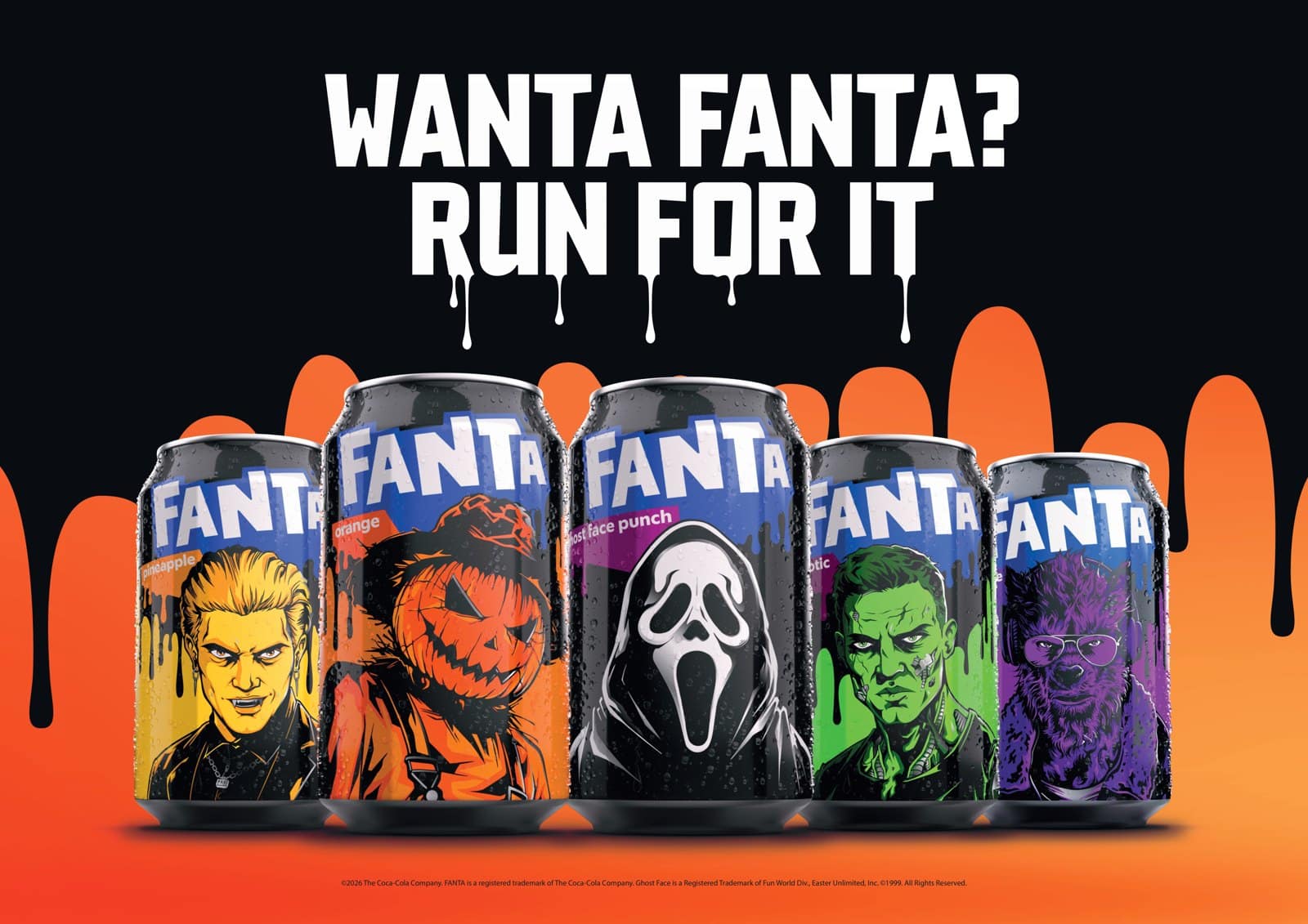 Five Fanta Halloween cans with a vampire, a pumpkin-headed scarecrow, Ghost Face, a green monster and a werewolf under the words Wanta Fanta? Run For It