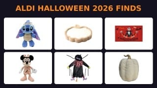 Aldi 2026 Halloween Finds, including a Disney Stitch plush, a carved wood pumpkin candle, a Nightmare Before Christmas mat, a Minnie plush, a crashing witch, and a ceramic pumpkin
