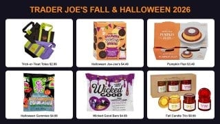 Trader Joe's fall and Halloween 2026 finds, including the Trick-or-Treat mini totes, Halloween Joe-Joe's cookies, Pumpkin Flan, Halloween Gummies, Wicked Good mini chocolate bars, and a fall scented candle trio