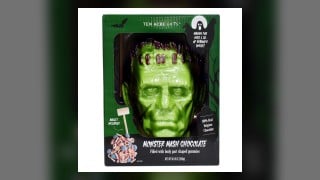 The Ten Acre Gifts Monster Mash Chocolate head sold at Costco: a green Belgian-chocolate monster head with an included mallet, filled with gummy body parts