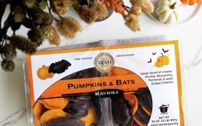 Nuovo Pasta Pumpkins and Bats Ravioli package sold at Costco, with orange pumpkin and black bat cheese ravioli