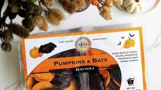 Nuovo Pasta Pumpkins and Bats Ravioli package sold at Costco, with orange pumpkin and black bat cheese ravioli