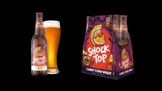 Shock Top Candy Corn Wheat beer bottle, glass, and six-pack