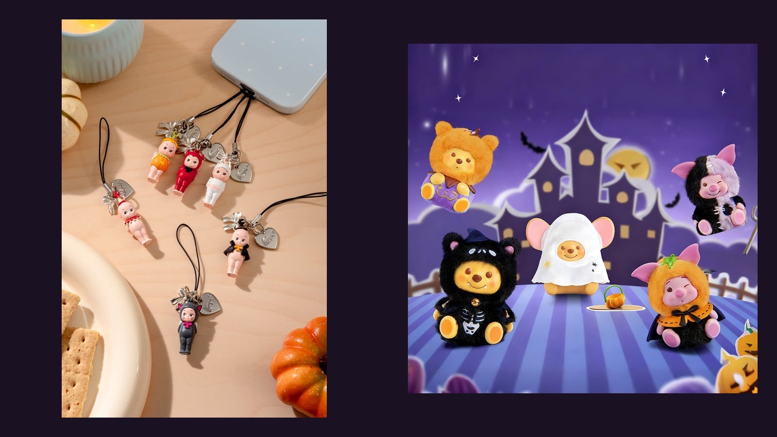 Halloween blind boxes 2026: Smoko Kewpie phone charms and Miniso Disney Spooky Night blind box figures on a dark Halloween backdrop