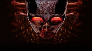 Cybergoria's metal skull with glowing red eyes, from Universal Orlando's Halloween Horror Nights 35 key art
