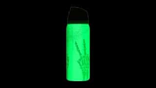 Owala RIP Halloween water bottle glowing green in the dark with a skeleton hand and spiderweb