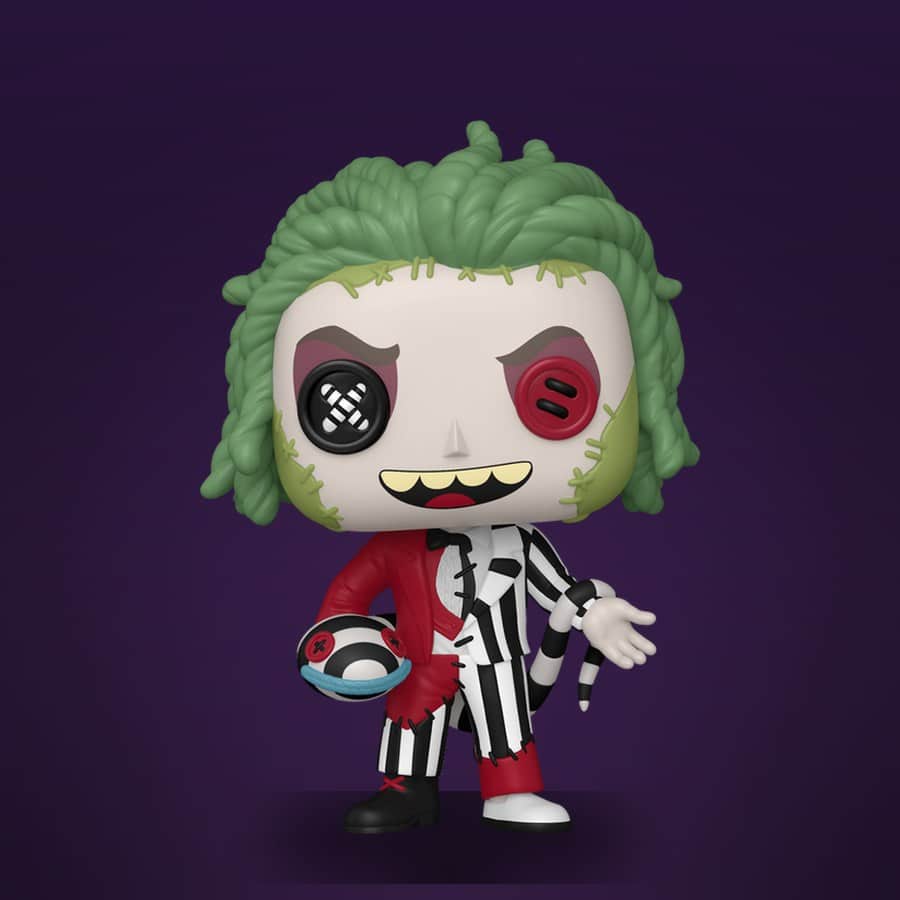 Pop! Beetlejuice (Patchwork) with green yarn hair, one black button eye and one red button eye, and a suit stitched half striped and half red