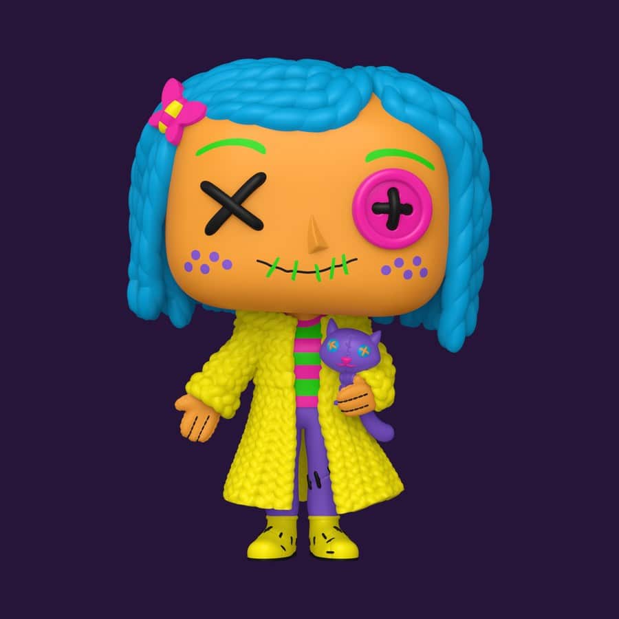 A neon Coraline figure with orange skin, bright blue yarn hair, a yellow coat, a pink button eye, and a purple cat