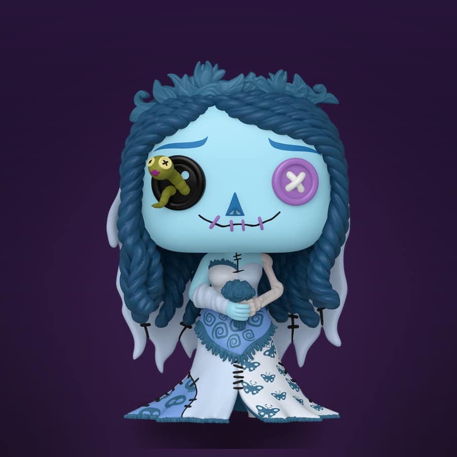 Pop! Emily (Patchwork) from Corpse Bride, blue skin and teal yarn hair, with a green maggot climbing out of her black button eye