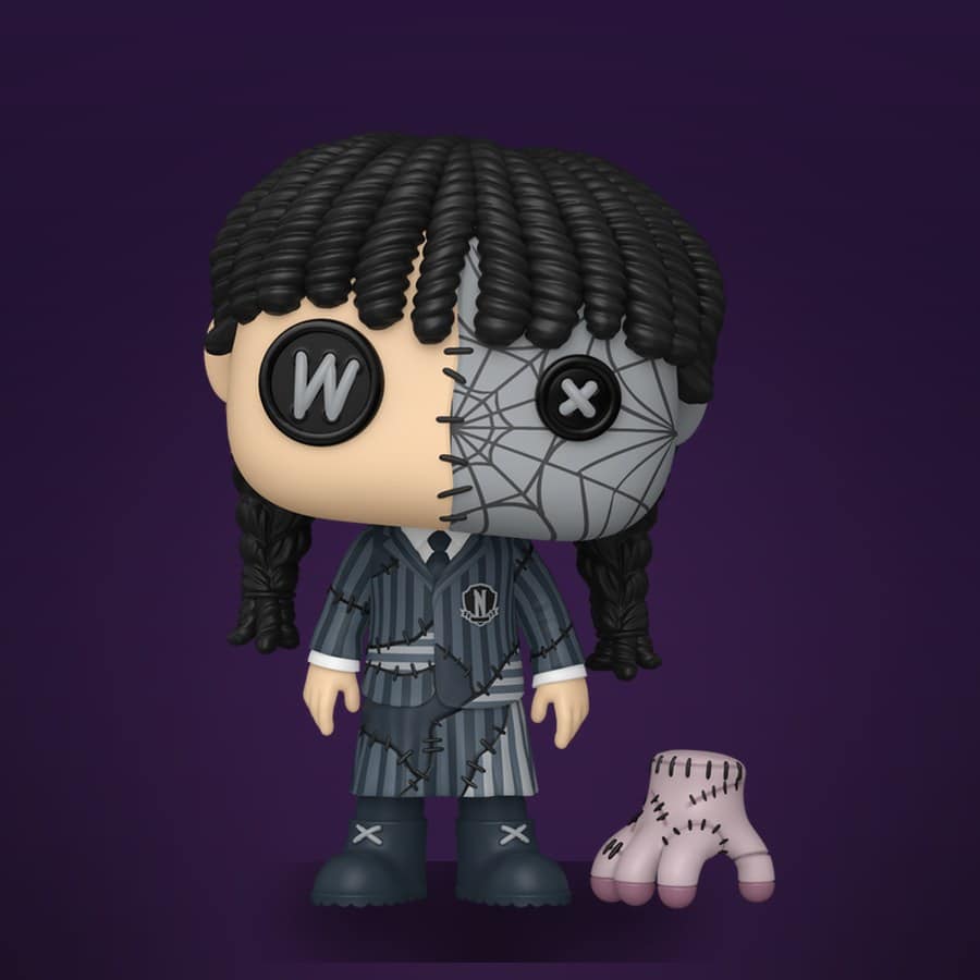 Pop! Wednesday Addams (Patchwork) split down the middle, one half in the Nevermore blazer and one half grey and webbed, with Thing beside her