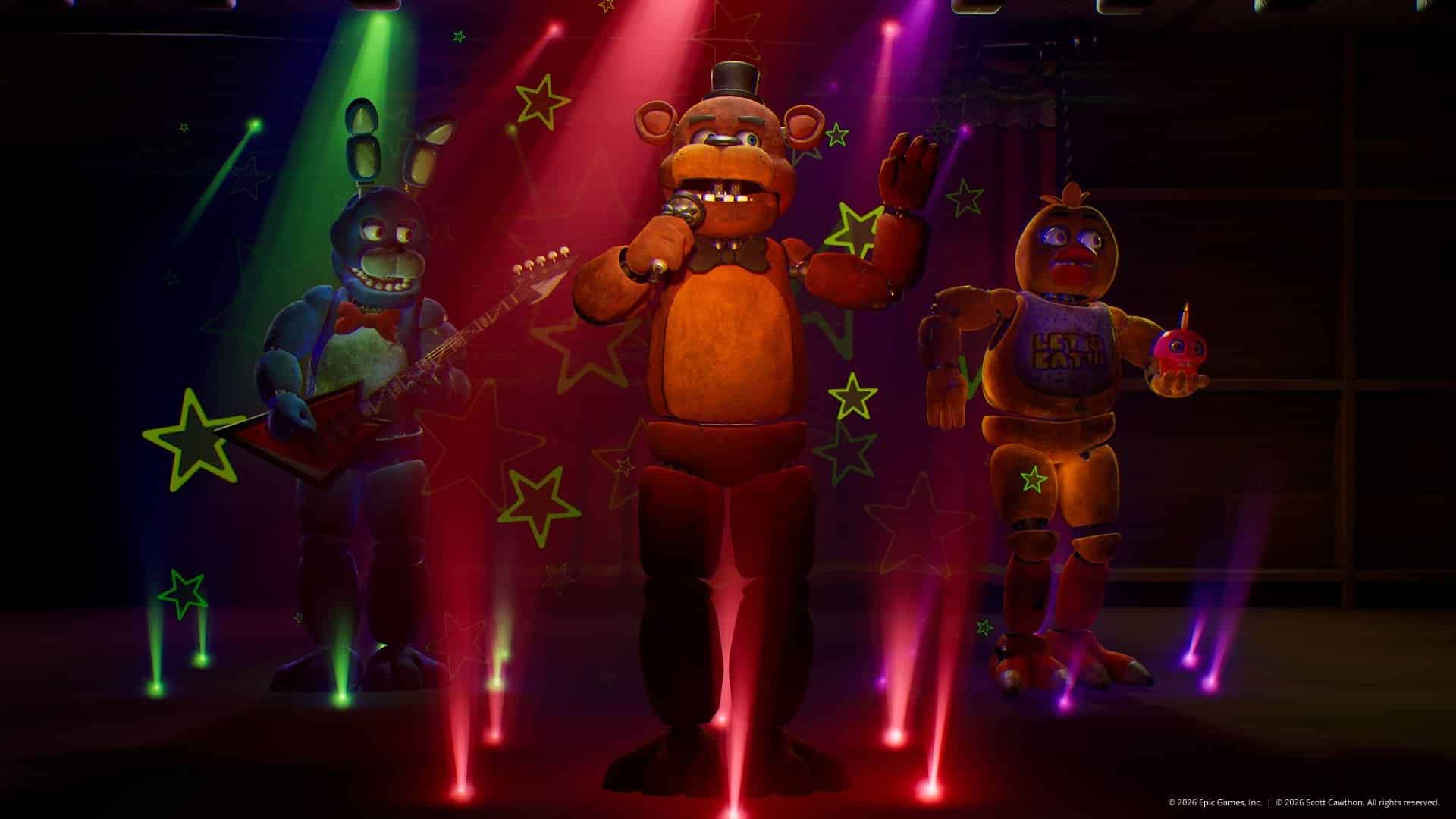 Freddy Fazbear sings into a microphone on a stage between Bonnie with a guitar and Chica holding a cupcake, in Fortnite