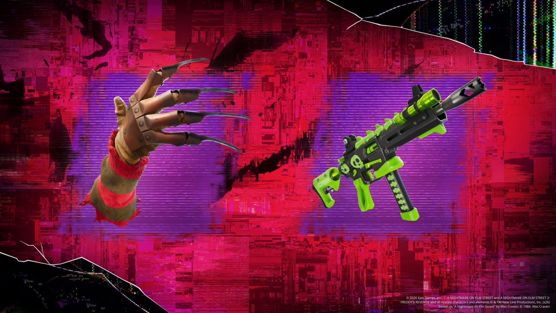 Freddy Krueger's bladed glove beside a green and black submachine gun