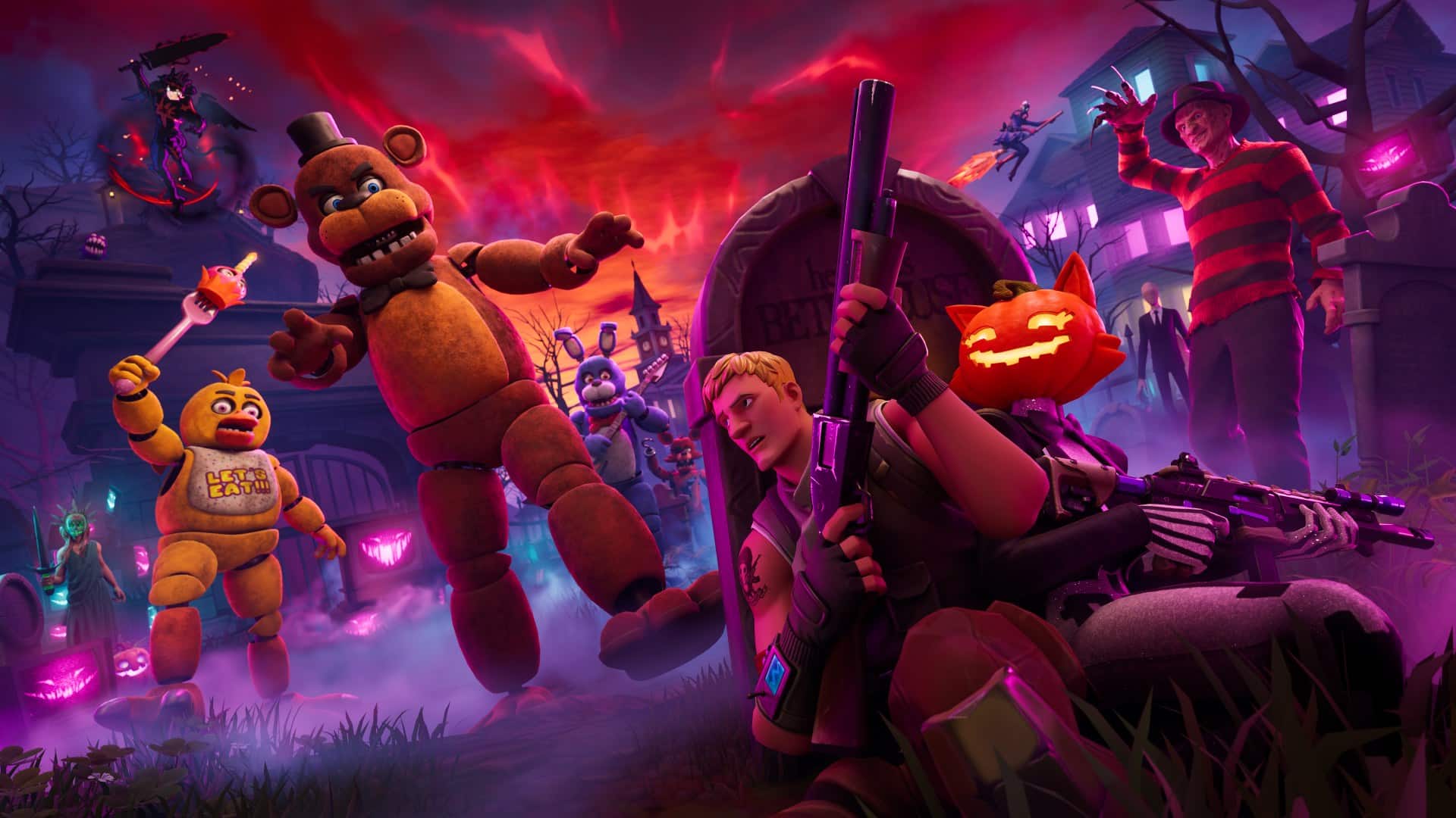 Fortnitemares artwork with Freddy Fazbear, Chica and Bonnie chasing a Fortnite character who hides behind a gravestone as Freddy Krueger reaches in from the right