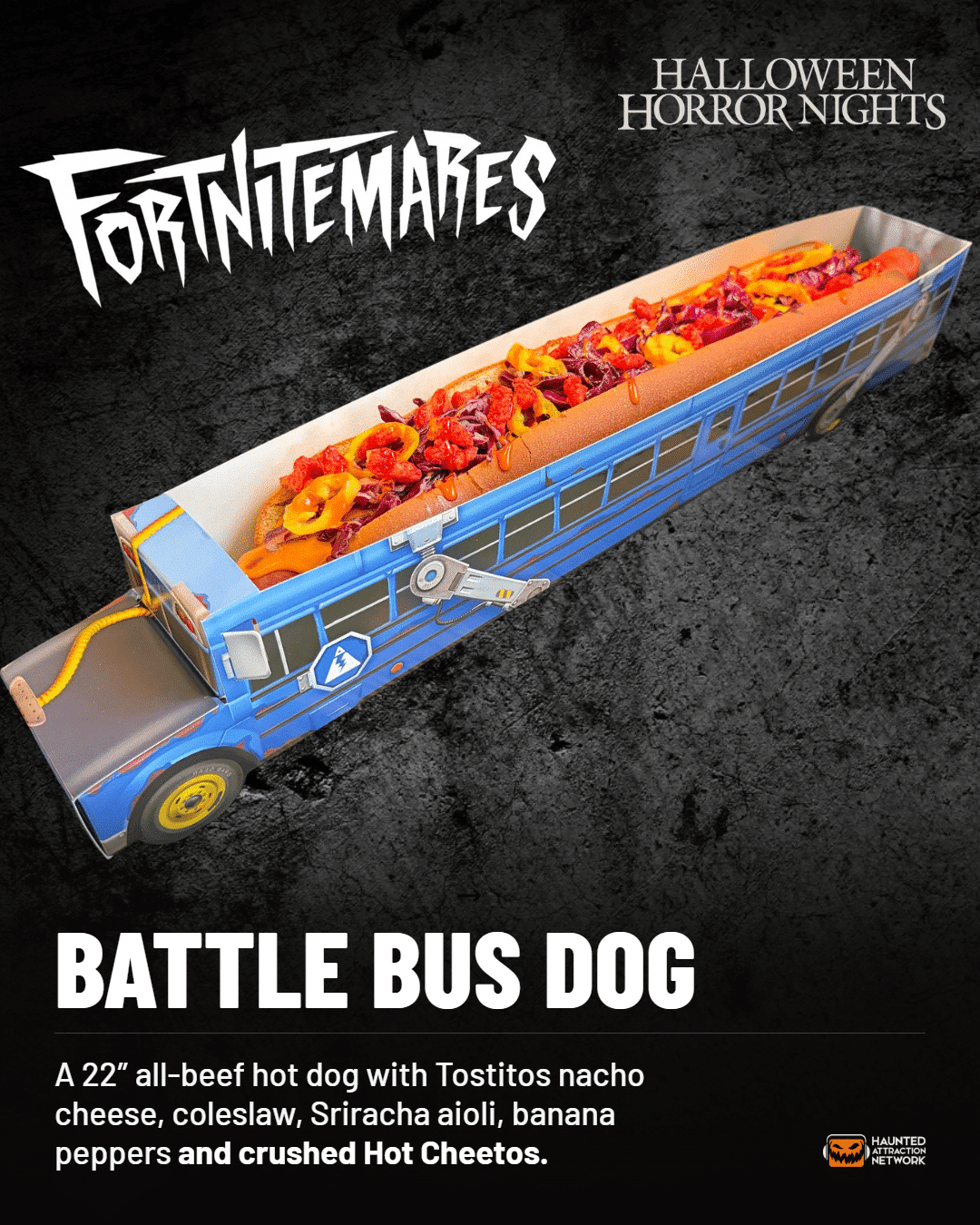 The Fortnitemares Battle Bus Dog, a 22-inch hot dog served in a Battle Bus tray