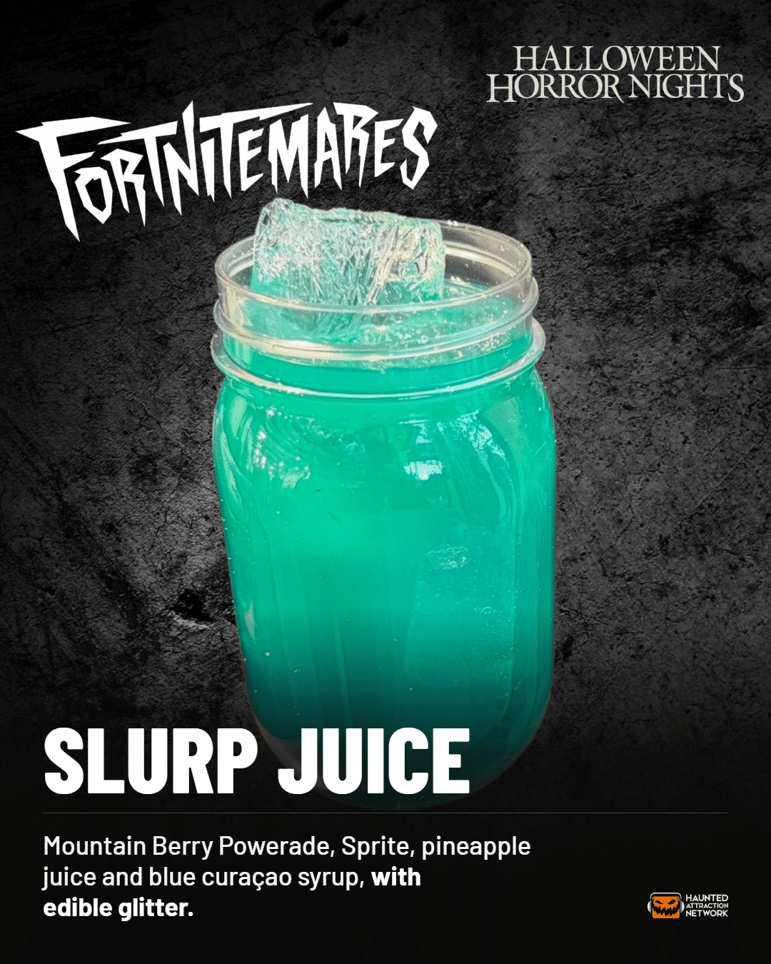 Fortnitemares Slurp Juice, a glittering blue-green drink in a jar