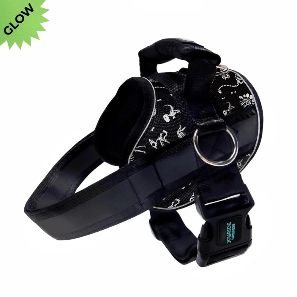 Joyride Fossil Frenzy glow-in-the-dark dog harness with a white dinosaur-skeleton pattern.