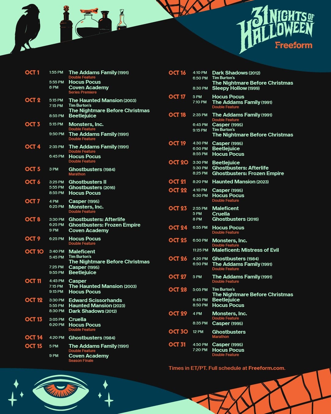 Freeform 31 Nights of Halloween 2026 full schedule graphic