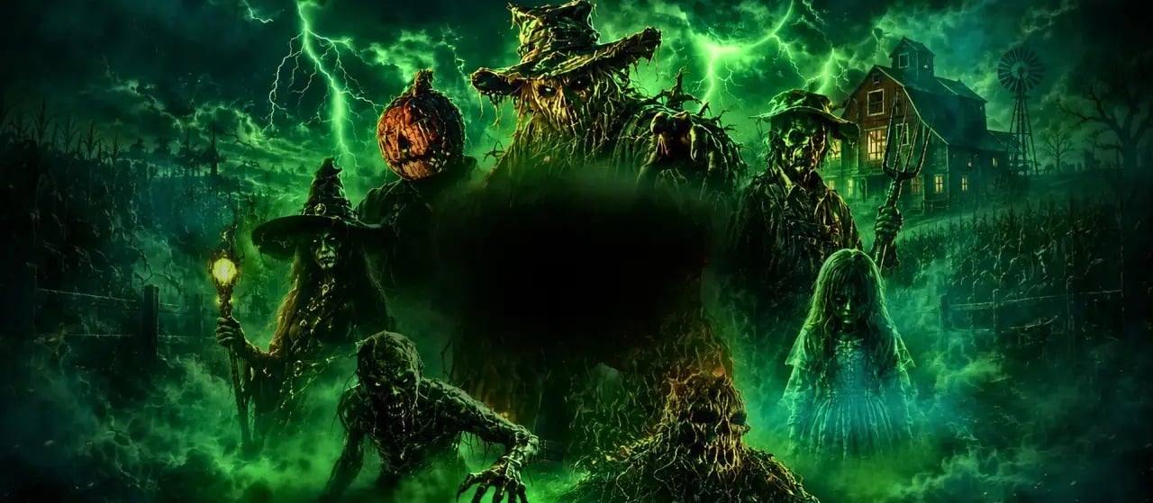Illustrated scarecrows and a jack-o'-lantern figure rising from a green-lit field