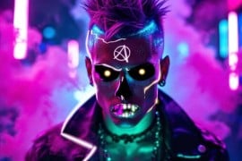 A neon-lit punk zombie scareactor with glowing eyes at Six Flags Fiesta Texas Fright Fest