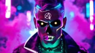 A neon-lit punk zombie scareactor with glowing eyes at Six Flags Fiesta Texas Fright Fest