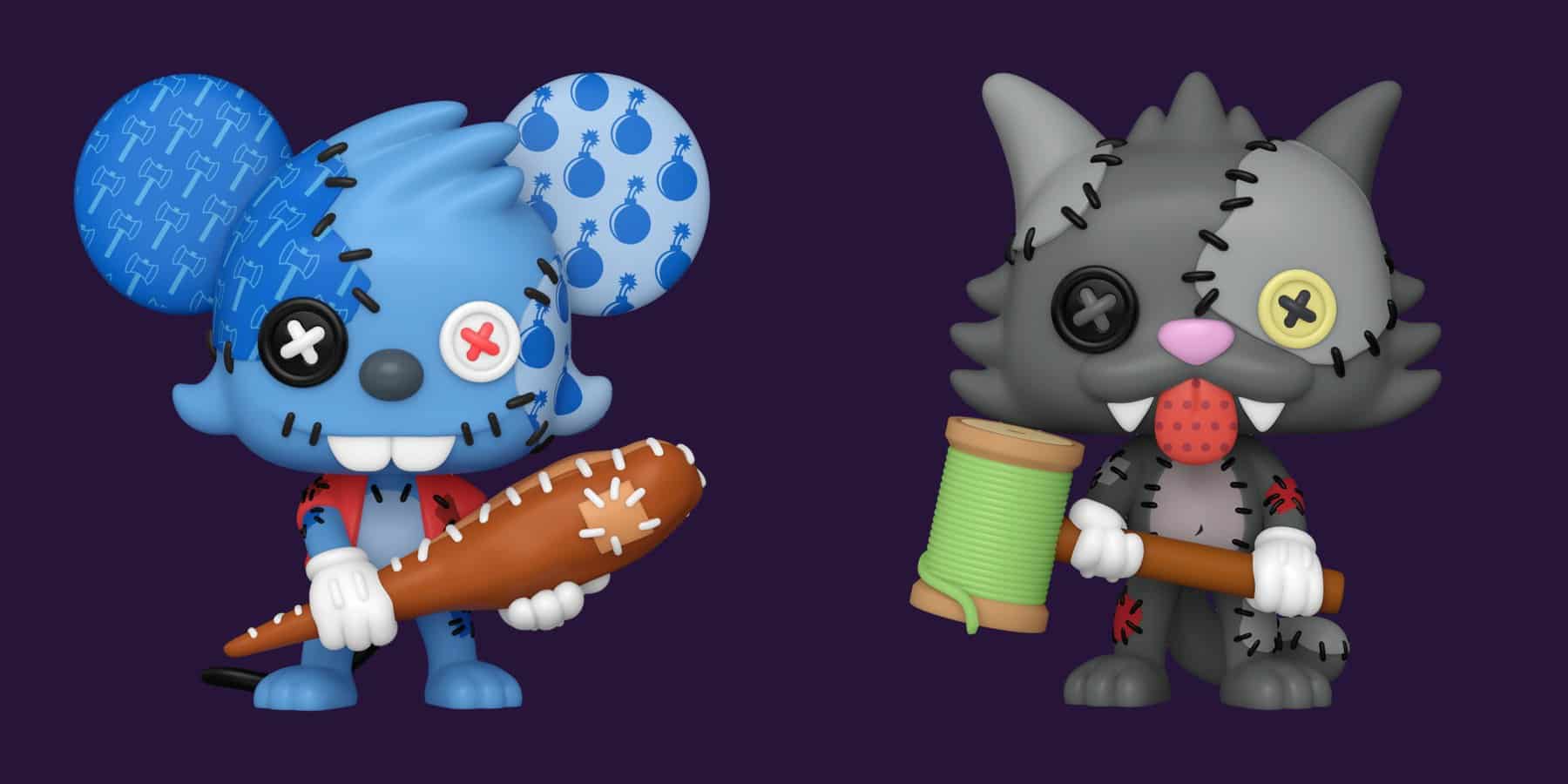 A blue mouse figure with button eyes holding a stitched club, beside a grey cat figure with button eyes holding a mallet made from a spool of green thread