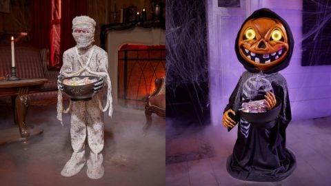 Gemmy's 3 ft Animated Mummy with Candy Bowl and 3 ft Animated Pumpkin Skeleton with Candy Bowl, Home Depot product photos side by side