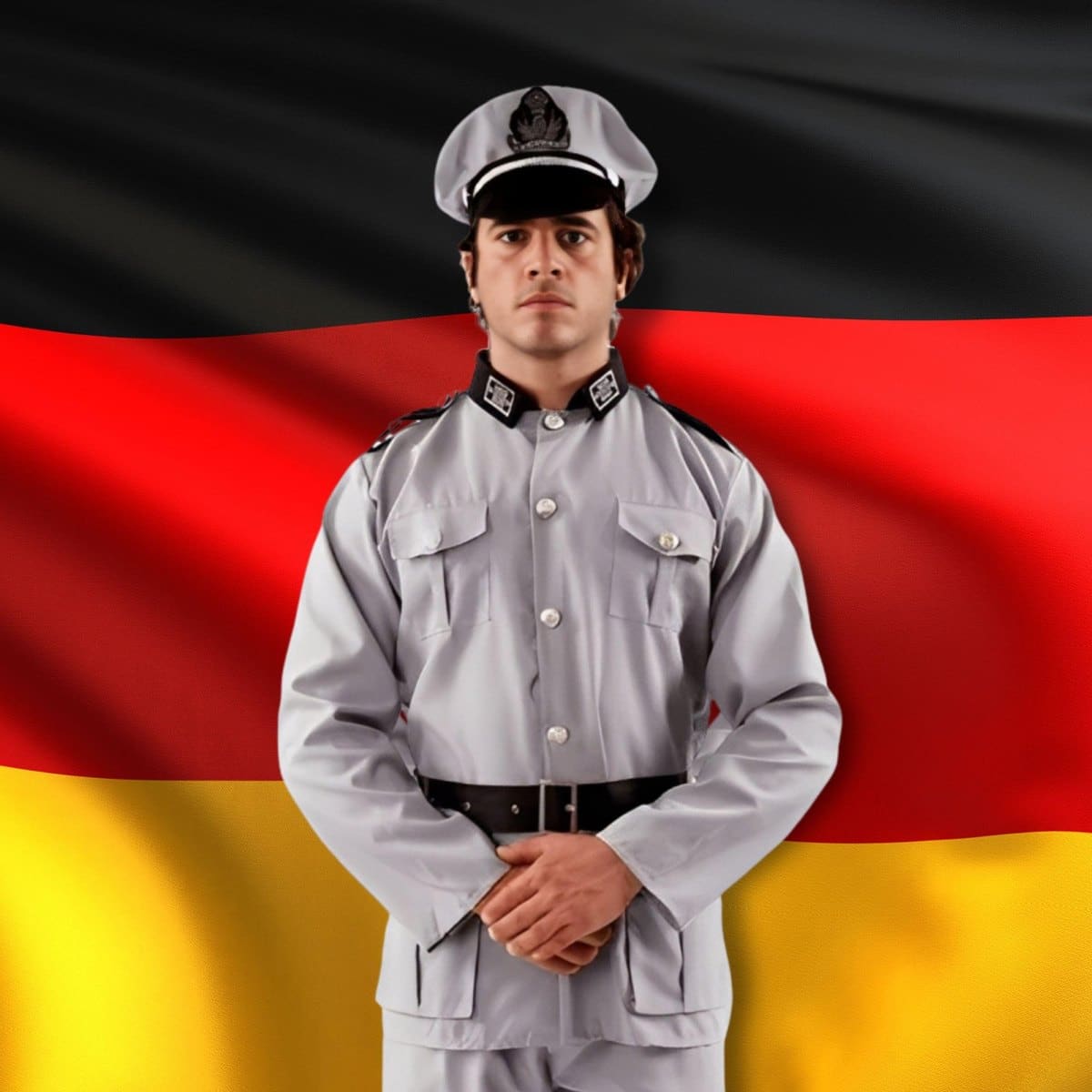 Product listing image for the German Army Soldier Adult Costume: a model in a gray military jacket, belt, and peaked cap standing in front of a black, red, and gold German flag