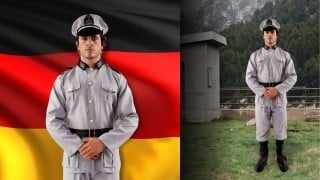 Two product listing images of the German Army Soldier Adult Costume: a model in a gray uniform and peaked cap in front of a German flag, and the same model outdoors in front of mountains