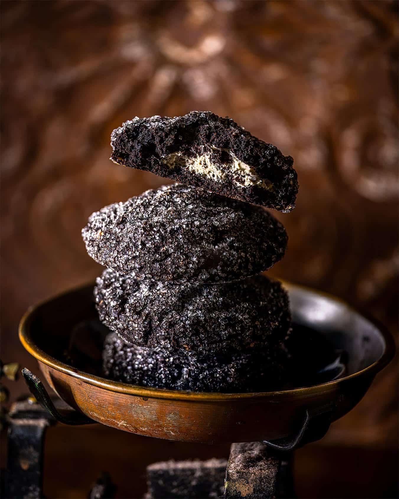 Gideon's Bakehouse Oreo Double Stuffed Sugar Cookie, a black cocoa cookie stuffed with cookies-and-cream fudge