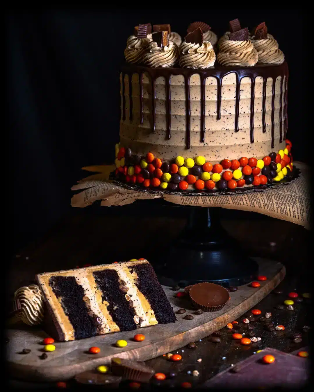 Gideon's Bakehouse Peanut Butter Cold Brew Cake, a three-layer chocolate cake with peanut butter and mocha buttercream