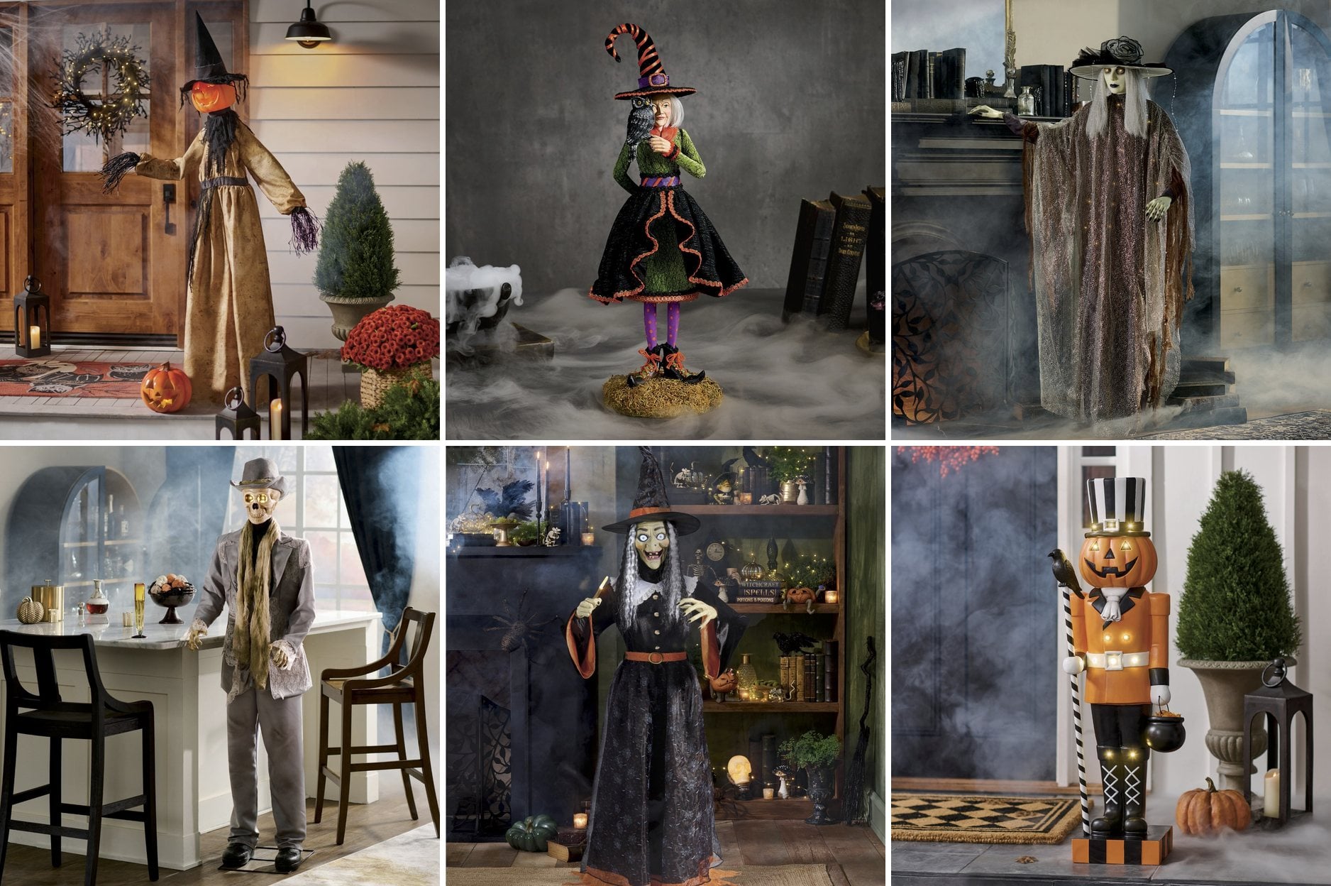 Grandin Road Selma Scarecrow, Bewitching Figure Sybil, Shimmering Serafina, Victorian Victor Skeleton, Animated Whimsical Witch, and Pumpkin Nutcracker