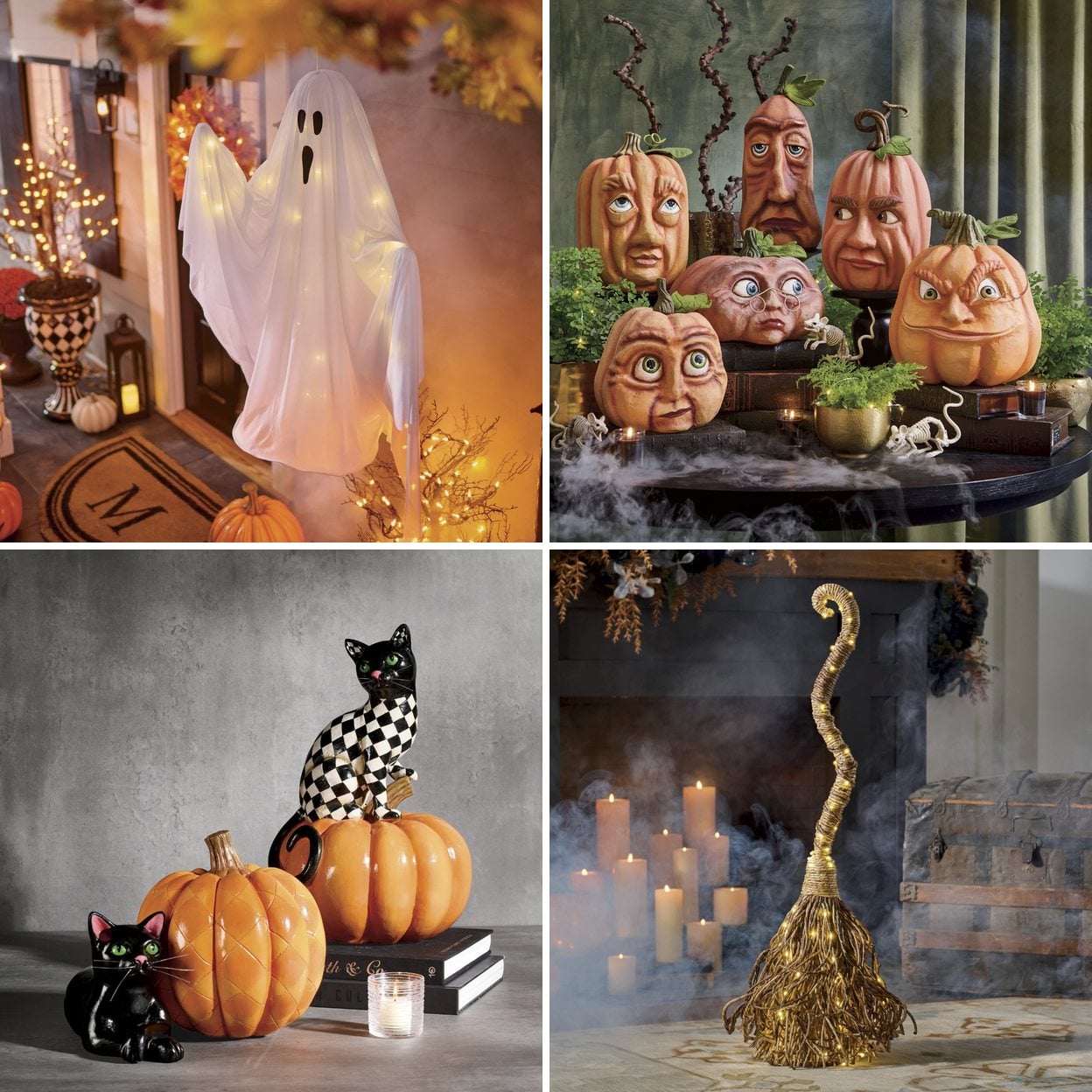 Grandin Road Hanging Ghost with Lights, Expressive Pumpkins, Frisky Feline Statue, and Enchanted Broom with Lights
