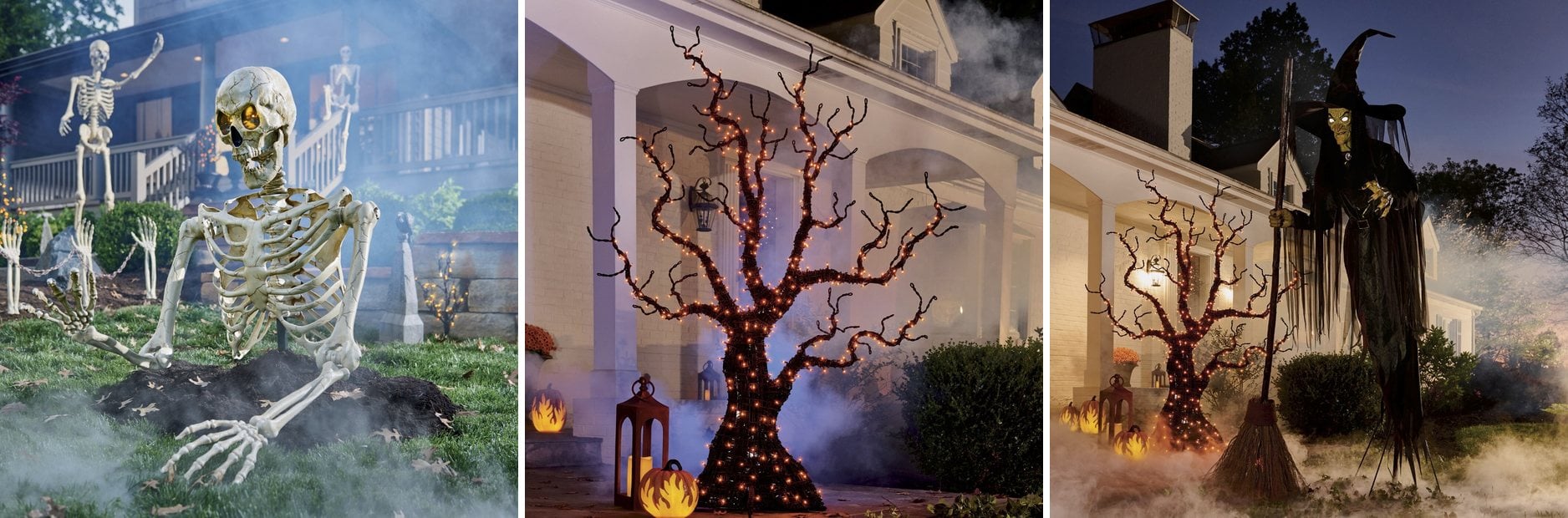Grandin Road Groundbreaker Yard Skeleton, Pre-lit Yard Spooky Tree, and Animated Yard Flying Witch