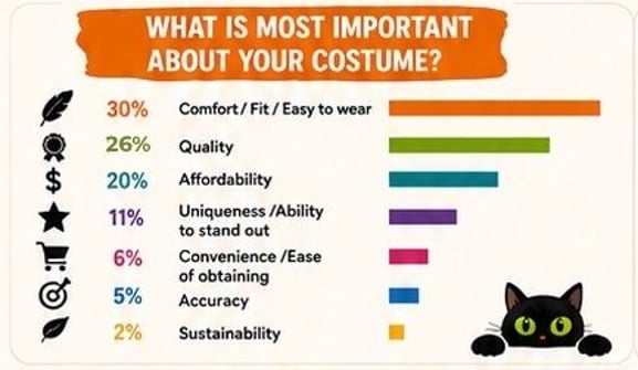 2026 survey chart of what matters most in a costume, led by comfort and fit at 30 percent