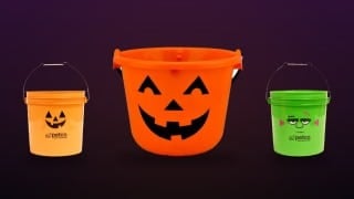 Petco Halloween pumpkin bucket, Lowe's lighted trick-or-treat bucket, and Petco Frankenstein bucket