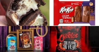 A collage of 2026 Halloween candy: Oreo Ghosts, Kit Kat Count and Witch, Monster Cereals boxes, and Cheetos Flavor of Fear
