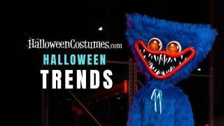 HalloweenCostumes.com 2026 Halloween Trends graphic featuring a Huggy Wuggy costume