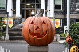 Jack, the giant Halloweentown jack-o'-lantern, in the courthouse plaza in St. Helens, Oregon