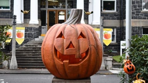 Jack, the giant Halloweentown jack-o'-lantern, in the courthouse plaza in St. Helens, Oregon