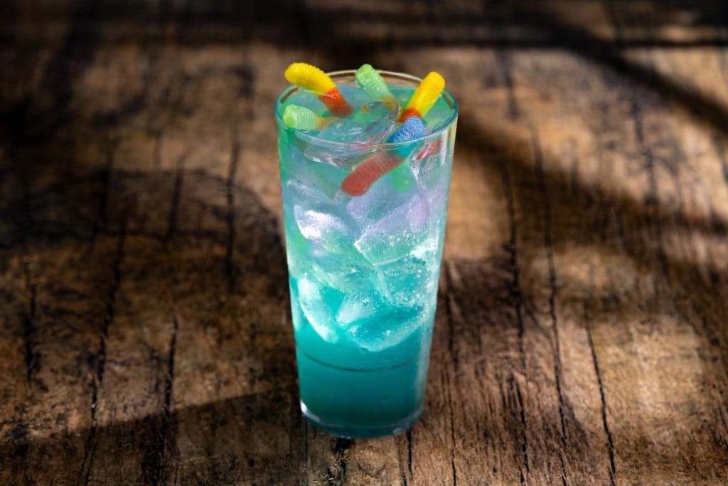 The Viper's Nest at Jock Lindsey's Hangar Bar: pineapple, white cranberry, green apple, blue curacao, and butterfly pea extract
