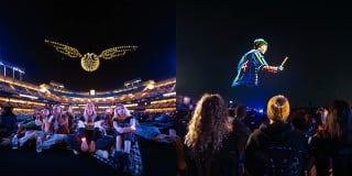 Drones form a golden snitch over a stadium crowd and Harry Potter casting a spell above fans on a lawn