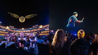 Drones form a golden snitch over a stadium crowd and Harry Potter casting a spell above fans on a lawn