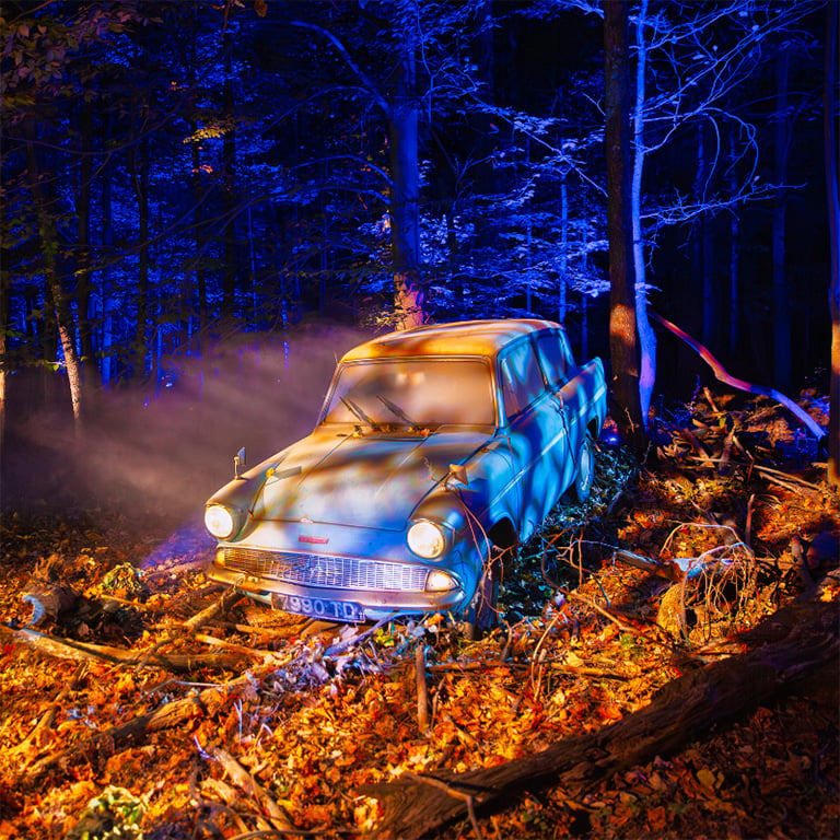 The flying Ford Anglia from the films sits lit up among fallen leaves and trees on the trail at night